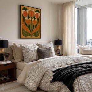Warm retro tulip floral artwork in orange and green hues wall art print hanging above a neatly made bed in a modern neutral bedroom.