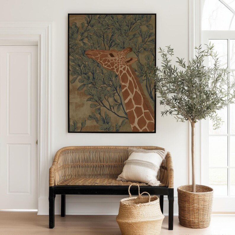 Nature-style giraffe portrait in green and brown with leafy stems, soothing vintage mood, displayed as a framed poster above a woven bench in a bright entryway.