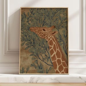 Serene giraffe illustration in green and brown with leafy branches, vintage nature style and calm mood, shown as a framed art print on a marble ledge in sunlit shadows.