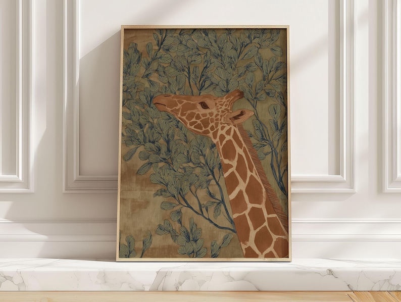 Serene giraffe illustration in green and brown with leafy branches, vintage nature style and calm mood, shown as a framed art print on a marble ledge in sunlit shadows.
