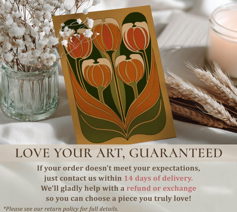 Vintage-inspired orange and green tulip bouquet artwork art print resting near flowers and a candle with a Love your art guaranteed refund message.