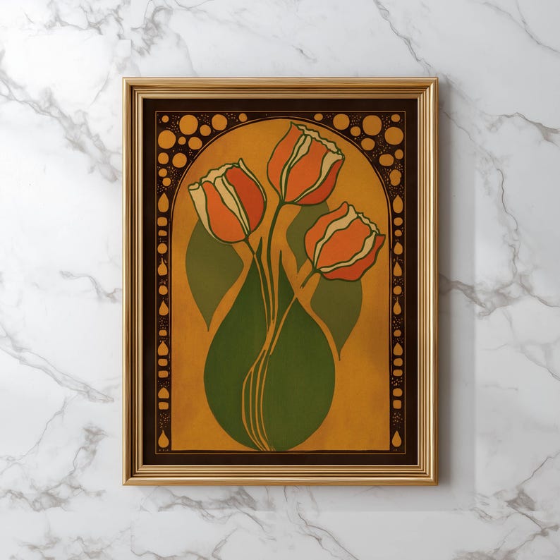 Mid-century Tulip Illustration Art Print Retro Orange Green Floral Wall ...