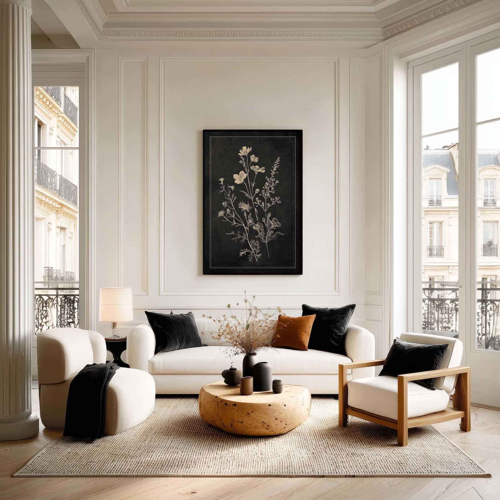 vintage-botanical-wall-art-print-cream-wildflower-sketch-on-black