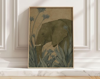 Moody African Elephant Art Print, Modern Olive Green Safari Jungle Poster for Living Room