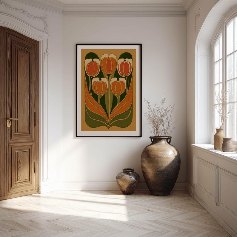 Curved stem tulip illustration in warm orange and deep green wall art print displayed on a light wall in a bright hallway beside tall floor vases.