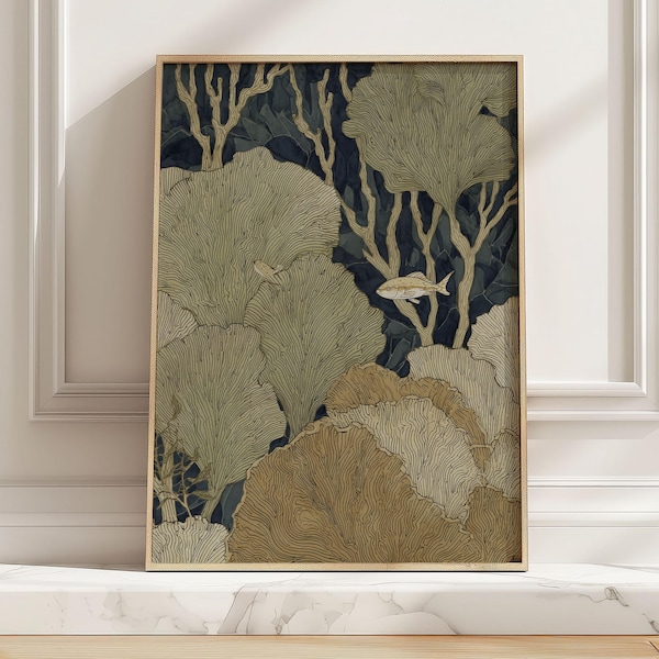 Calm Marine Fish Art Print, Vintage Coral Reef Illustration Poster, Sage Tan Coastal Guest Bathroom Wall Art