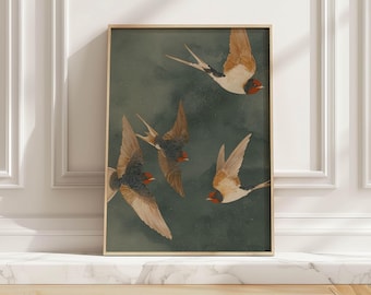 Vintage Swallow Flock Art Print Birds Flying Over Teal Sky Poster Rustic Nature Wall Art