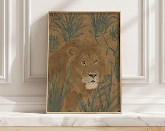 Modern Boho Lion Art Print, Minimalist Brown Green Safari Poster, African Wall Art for Living Room and Boys Room