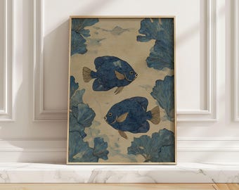 Tropical Blue Fish Poster, Modern Coastal Japanese Style Art Print, Minimalist Ocean Beach House Living Room Wall Art