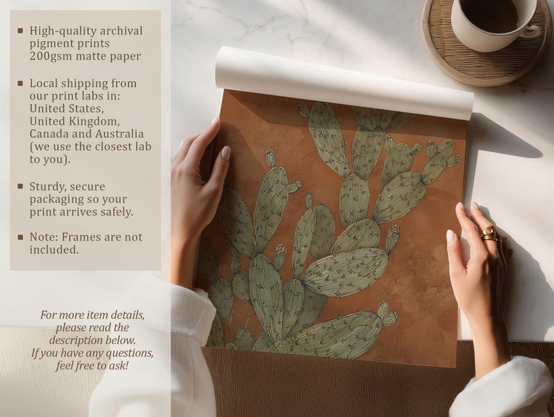 Detailed prickly pear cactus illustration in sage and clay tones, calm vintage style, shown as an unrolled art print on a tabletop with info panel.