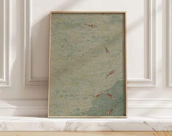 Minimal Koi Pond Wall Art Poster, Japanese Fish Print with Swirling Ripples, Blue Green Water Art for Japandi Bedroom