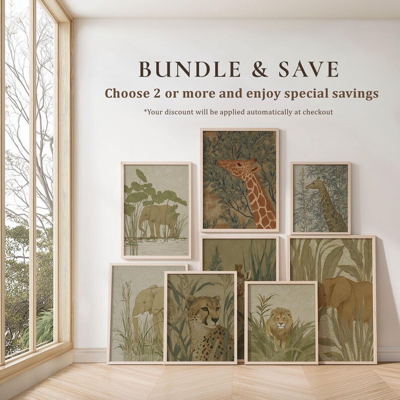 Coordinated gallery wall pair of green-and-brown safari animal illustrations in a vintage nature style, shown together as a matching set of framed art print designs for a cohesive look.
