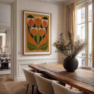 Retro floral tulip motif in orange and green tones wall art print hanging above a wooden dining table in an elegant dining room.