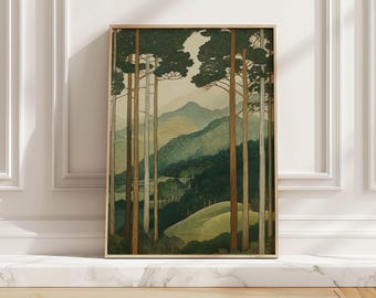 May include: A framed landscape art print featuring a forest scene with tall trees and rolling hills. The artwork uses a muted color palette of greens, browns, and beige, creating a serene and natural aesthetic. The print is displayed on a white marble surface.