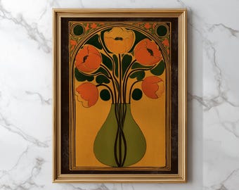Vintage Art Nouveau Floral Vase Art Print Mid Century Mustard Yellow snd Olive Green Wall Art
