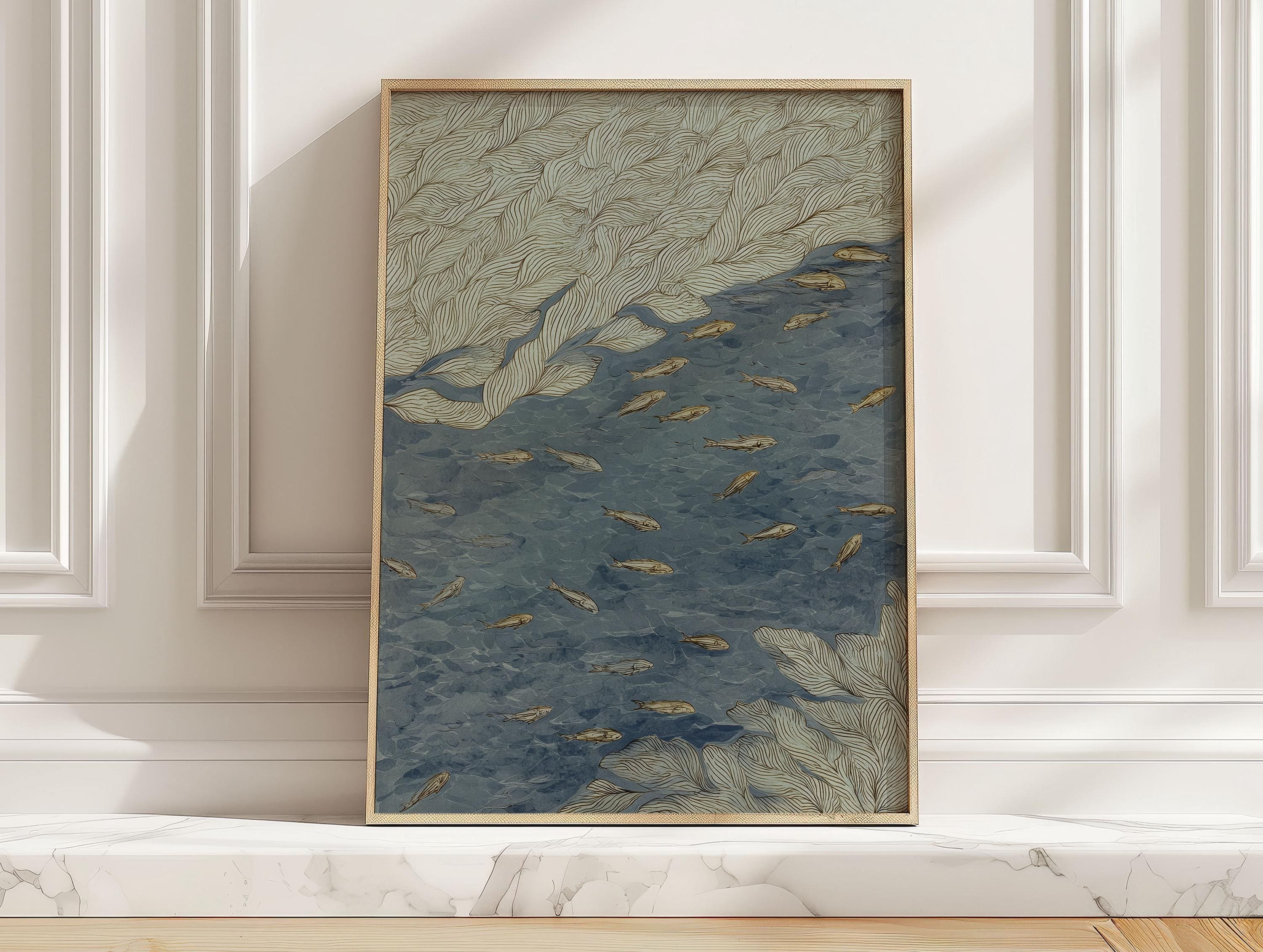 Abstract Line Work Fish Abstract Coastal Sea Life Art Print, School of Fish in Blue Water ...