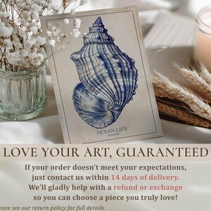 Small vintage seashell art print in blue and beige resting with flowers and a candle, overlaid with a “Love your art, guaranteed” 14-day refund or exchange message.