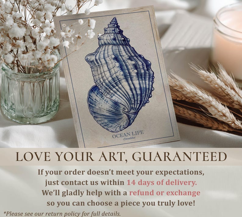 Small vintage seashell art print in blue and beige resting with flowers and a candle, overlaid with a “Love your art, guaranteed” 14-day refund or exchange message.