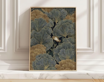Coastal Coral Fish Wall Art, Vintage Japanese Seaweed Art Print, Minimalist Navy Beige Ocean Poster for Bathroom