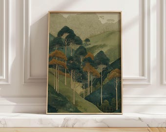 May include: A framed art print featuring a stylized forest scene. The artwork depicts trees in shades of green and gold on rolling hills, with a muted, earthy color palette. The frame is a light wood tone.