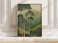 Vintage Forest and Mountain Landscape Art Print, Tall Trees Over Rolling Hills Poster, Japanese Style Nature Wall Art for Living Room