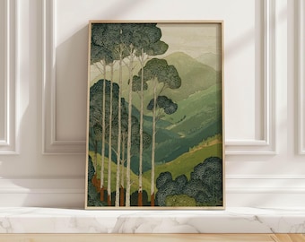 Vintage Forest and Mountain Landscape Art Print, Tall Trees Over Rolling Hills Poster, Japanese Style Nature Wall Art for Living Room