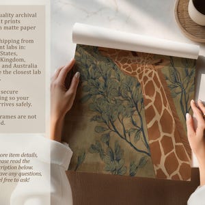 Detailed giraffe and leafy branches in green and brown, classic illustration style and serene mood, shown as an art print being unrolled on a tabletop with an info panel.