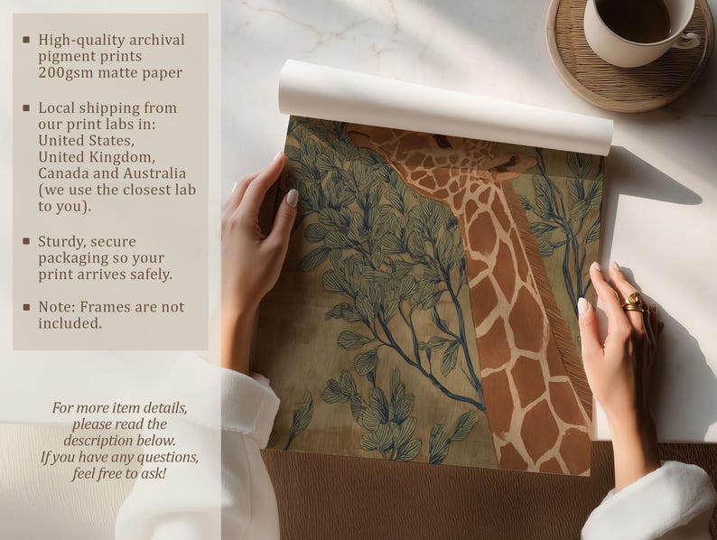 Detailed giraffe and leafy branches in green and brown, classic illustration style and serene mood, shown as an art print being unrolled on a tabletop with an info panel.