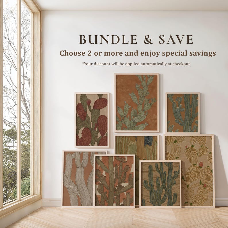 Coordinated cactus gallery wall pair in muted green and terracotta, vintage desert botanical style, displayed together as a wall art set of 2 in light wood frames.