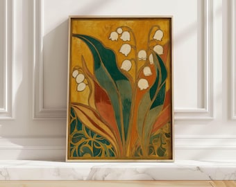 Lily Of The Valley Vintage Wall Art Print Mustard Yellow Retro Floral Poster Mid Century Modern Entryway Bedroom Art