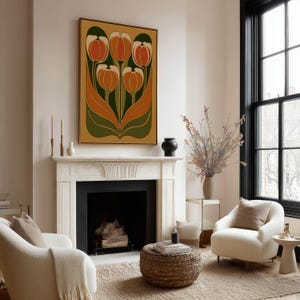 Stylized orange and green tulip artwork with a retro feel wall art print hanging above a classic fireplace in a cozy neutral living room.