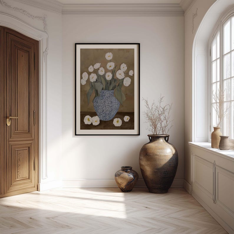 Vintage Floral Still Life Art Print Blue Vase White Flowers Poster ...