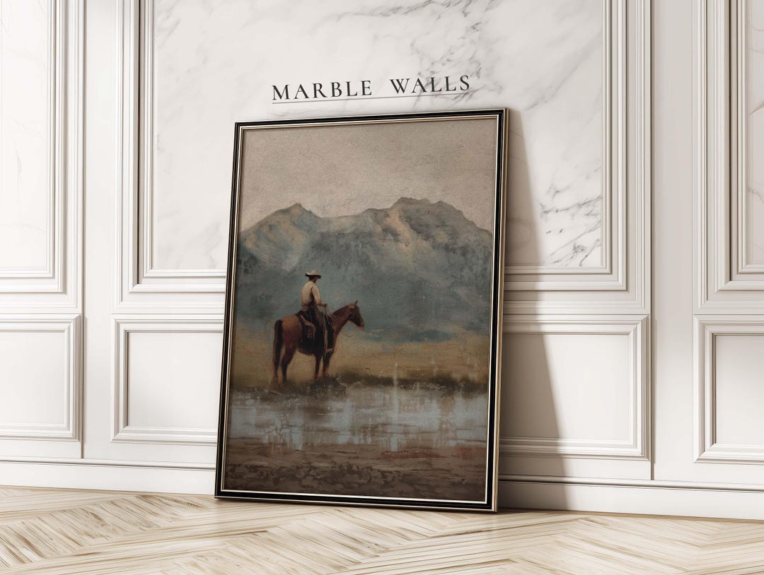 Rustic Cowboy on Horse Wall Art Print – Vintage Western Mountain ...