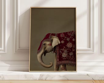 Vintage Elephant In Red Textile Art Print Minimal Indian Inspired Animal Poster Indian Living Room Bedroom Wall Decor