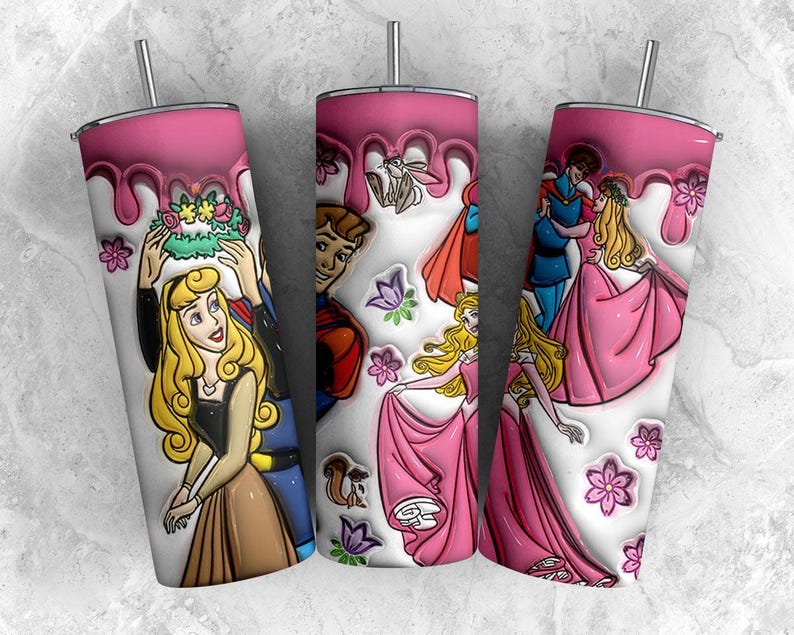 May include: Three stainless steel tumblers with pink drip designs and cartoon illustrations. The designs feature characters from a fairy tale, including a princess in a pink dress and a prince. The tumblers have silver straws.