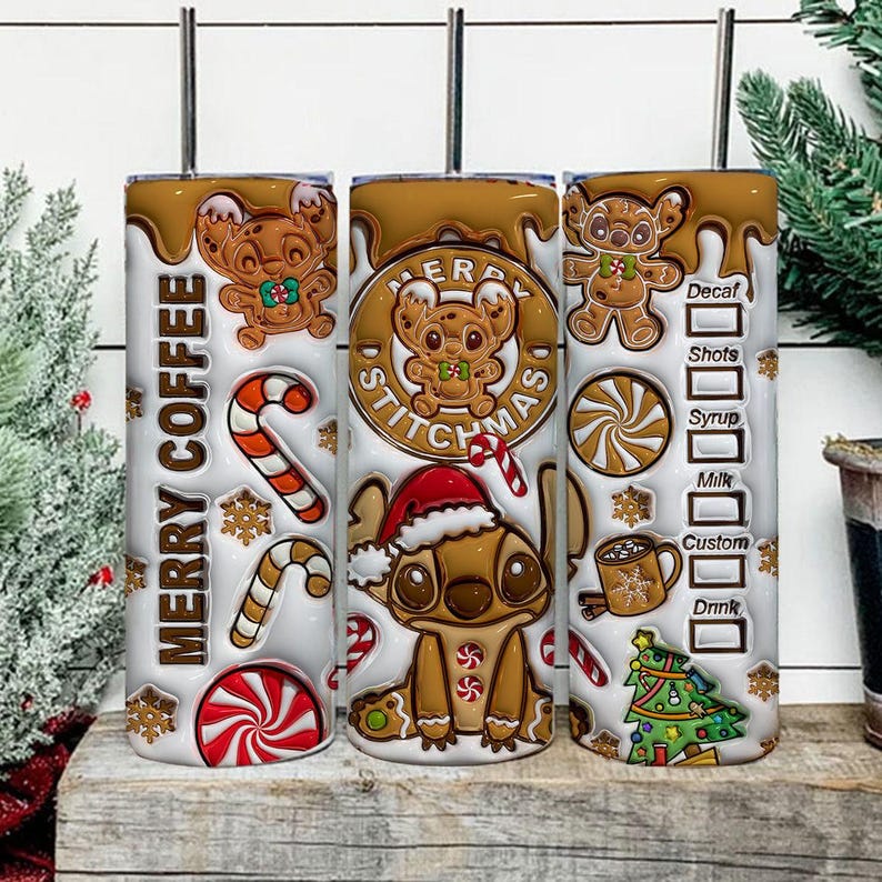May include: Three white insulated tumblers with a brown, gingerbread-themed design. The tumblers feature the text "MERRY COFFEE" and "MERRY STITCHMAS" with gingerbread Stitch characters, candy canes, and snowflakes. One tumbler has a coffee customization menu.