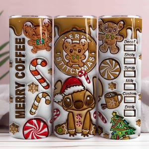 May include: A stainless steel tumbler featuring a festive design with the text "MERRY COFFEE". The design includes gingerbread Stitch characters, candy canes, snowflakes, and a Christmas tree. The tumbler has a white background with brown accents.