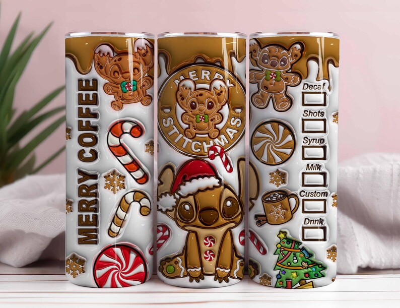 May include: A stainless steel tumbler featuring a festive design with the text "MERRY COFFEE". The design includes gingerbread Stitch characters, candy canes, snowflakes, and a Christmas tree. The tumbler has a white background with brown accents.