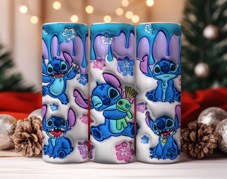 May include: Three cylindrical tumblers featuring the character Stitch from Lilo & Stitch. The tumblers have a white base with blue, purple, and pink accents. Stitch is depicted in various poses, surrounded by floral designs.