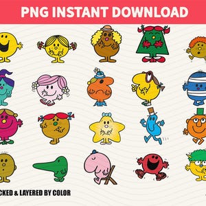 Könnte beinhalten: Eine digitale Download-Grafik mit bunten Cartoon-Charakteren mit verschiedenen Formen und Ausdrücken. Die Charaktere sind in Gelb, Rosa, Blau, Grün und Orange gehalten. Der Text oben lautet "PNG INSTANT DOWNLOAD" und unten "ATTACKED & LAYERED BY COLOR .PNG".