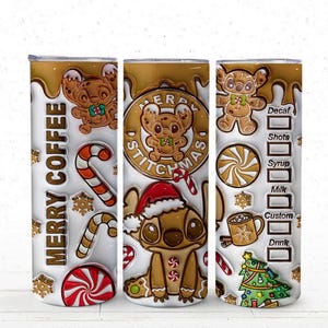 May include: A stainless steel tumbler with a festive design. The tumbler features gingerbread-style characters and candy cane accents, with the words "MERRY COFFEE STITCHMAS" printed on the front. The design includes a coffee menu on the side.