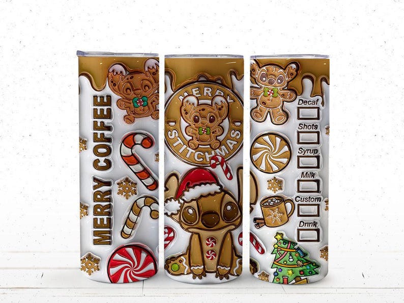 May include: A stainless steel tumbler with a festive design. The tumbler features gingerbread-style characters and candy cane accents, with the words "MERRY COFFEE STITCHMAS" printed on the front. The design includes a coffee menu on the side.
