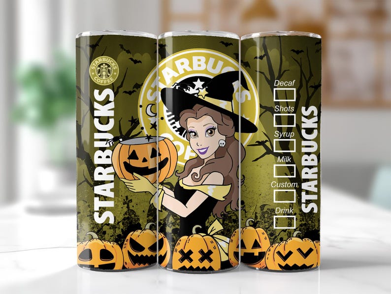 May include: A Halloween-themed Starbucks tumbler featuring a cartoon witch holding a jack-o'-lantern. The design includes the Starbucks logo, bats, and pumpkins. The tumbler is primarily olive green with black and yellow accents.
