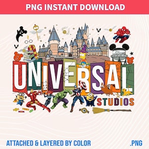 May include: A colorful digital graphic with the text "PNG INSTANT DOWNLOAD" at the top. The word "UNIVERSAL" is in large, block letters, with "STUDIOS" below. Characters from Marvel, Minions, and Harry Potter are featured.