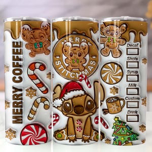 May include: A white tumbler with a festive design featuring gingerbread Stitch characters, candy canes, snowflakes, and the text "MERRY COFFEE". The tumbler includes a coffee order customization section.