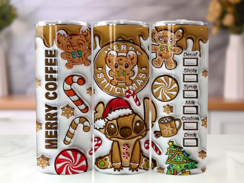 May include: A white tumbler with a festive design featuring gingerbread Stitch characters, candy canes, snowflakes, and the text "MERRY COFFEE". The tumbler includes a coffee order customization section.