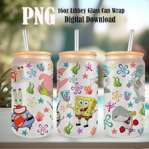 May include: Three 16oz Libbey glass can wraps with bamboo lids and stainless steel straws. Each glass features a different cartoon character from the SpongeBob SquarePants series, along with colorful sea-themed illustrations.