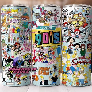May include: Three stainless steel tumblers with colorful cartoon designs. One features Rugrats and Powerpuff Girls, another says "I Love the 90's" with Johnny Bravo, and the last has Animaniacs and The Simpsons. Each tumbler is approximately 8 inches tall.