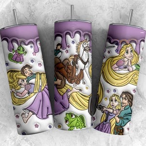 May include: Three stainless steel tumblers with a purple lid and straw, featuring a design of characters from the animated movie Tangled. The design includes Rapunzel, Flynn Rider, Pascal, and Maximus, with a white background and purple accents.