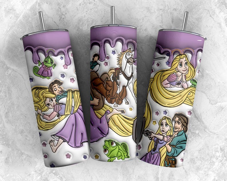 May include: Three stainless steel tumblers with a purple lid and straw, featuring a design of characters from the animated movie Tangled. The design includes Rapunzel, Flynn Rider, Pascal, and Maximus, with a white background and purple accents.